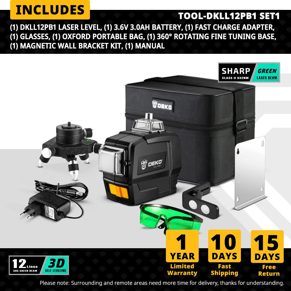 Niveau Laser Vert 12 Lignes DEKO DKLL12PB1 — Auto-nivelant 360°