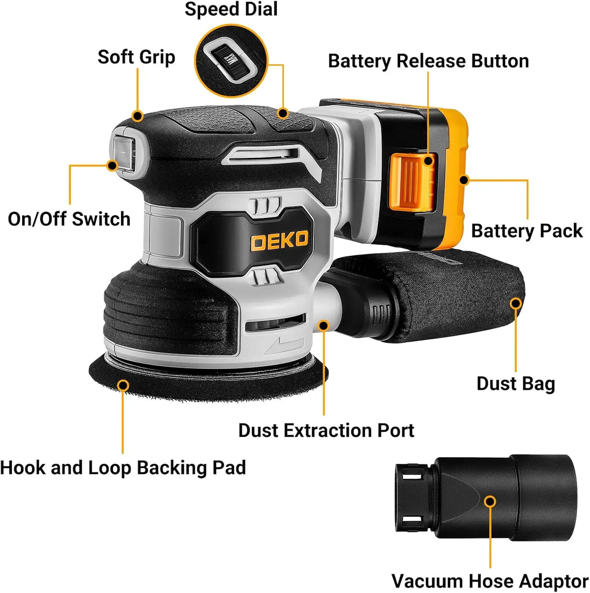 Ponceuse excentrique sans fil 125 mm — 7 vitesses , batterie incluse .