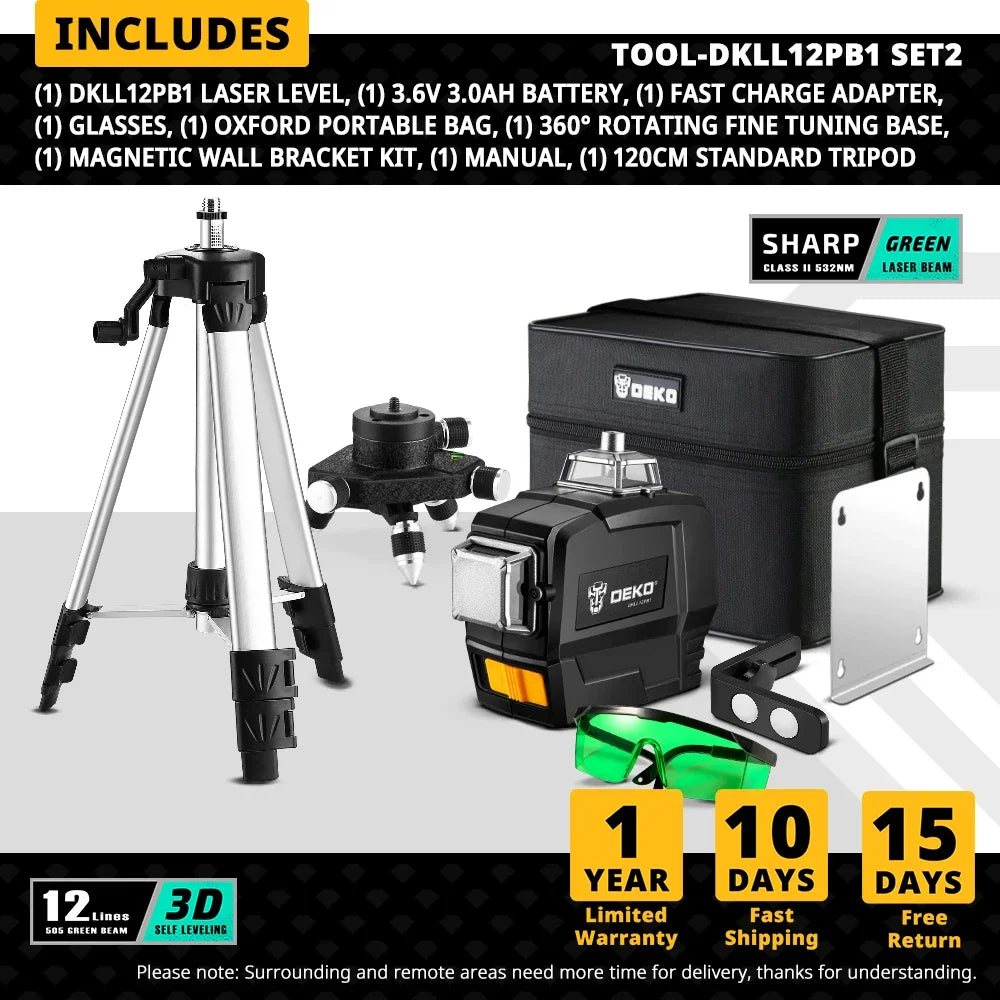 Niveau Laser Vert 12 Lignes DEKO DKLL12PB1 — Auto-nivelant 360°