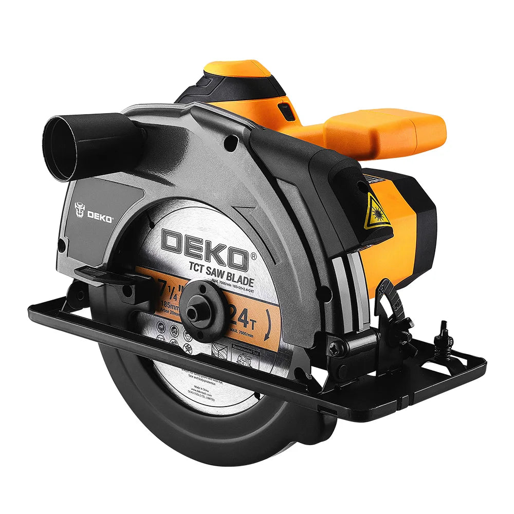 Scie circulaire électrique DEKO 185mm — 1200W, coupe bois et matériaux, poignée auxiliaire incluse