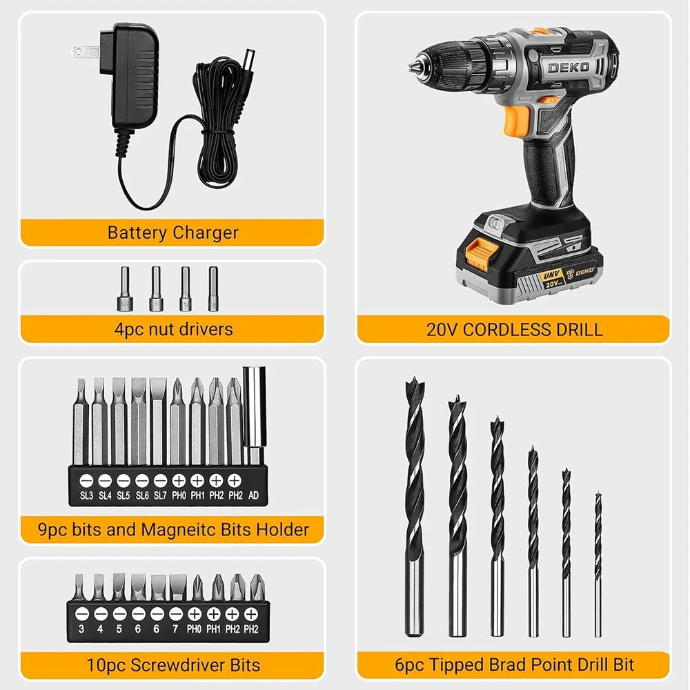 Perceuse-Visseuse sans fil 20V DEKO , Kit 2 batteries+chargeur+accessoires  DKCD20XL02G