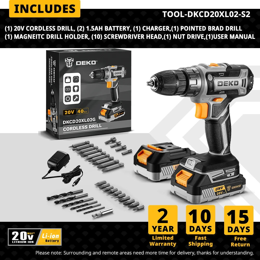 Perceuse-Visseuse sans fil 20V DEKO , Kit 2 batteries+chargeur+accessoires  DKCD20XL02G