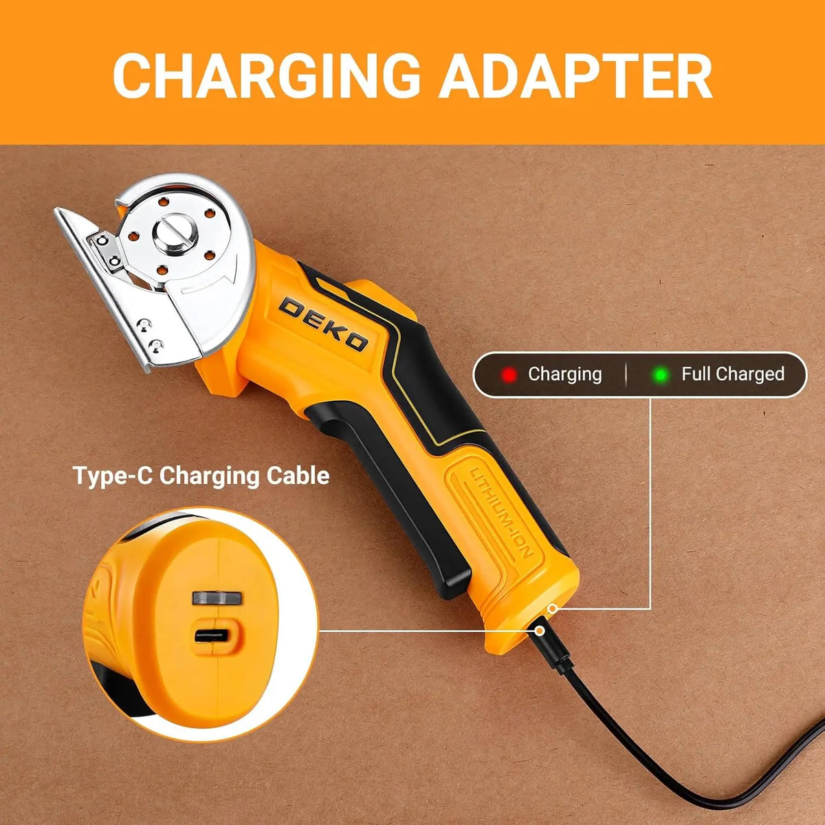 Ciseaux électriques sans fil DEKO — coupe tissu, cuir et carton, rechargeable